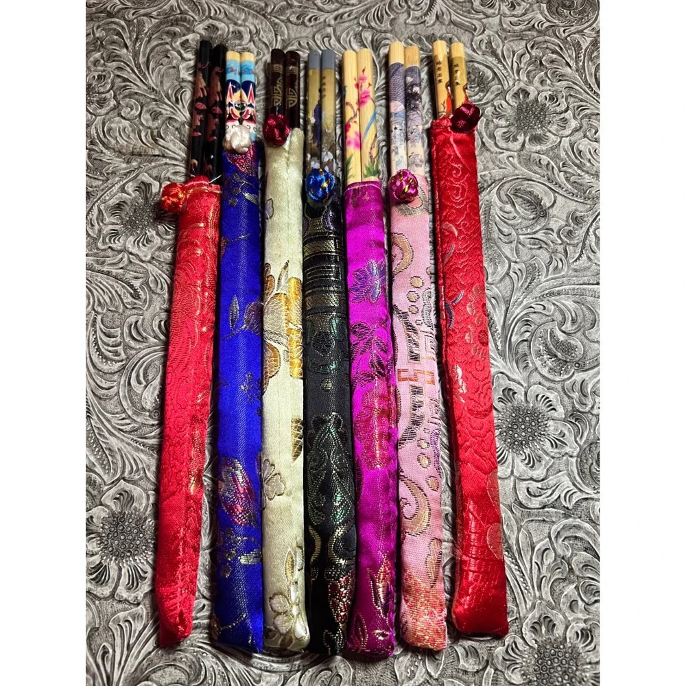 Vintage‎ Asian Bamboo Chopsticks Set of 7 Silk Brocade Sleeves Hand Painted 9in!